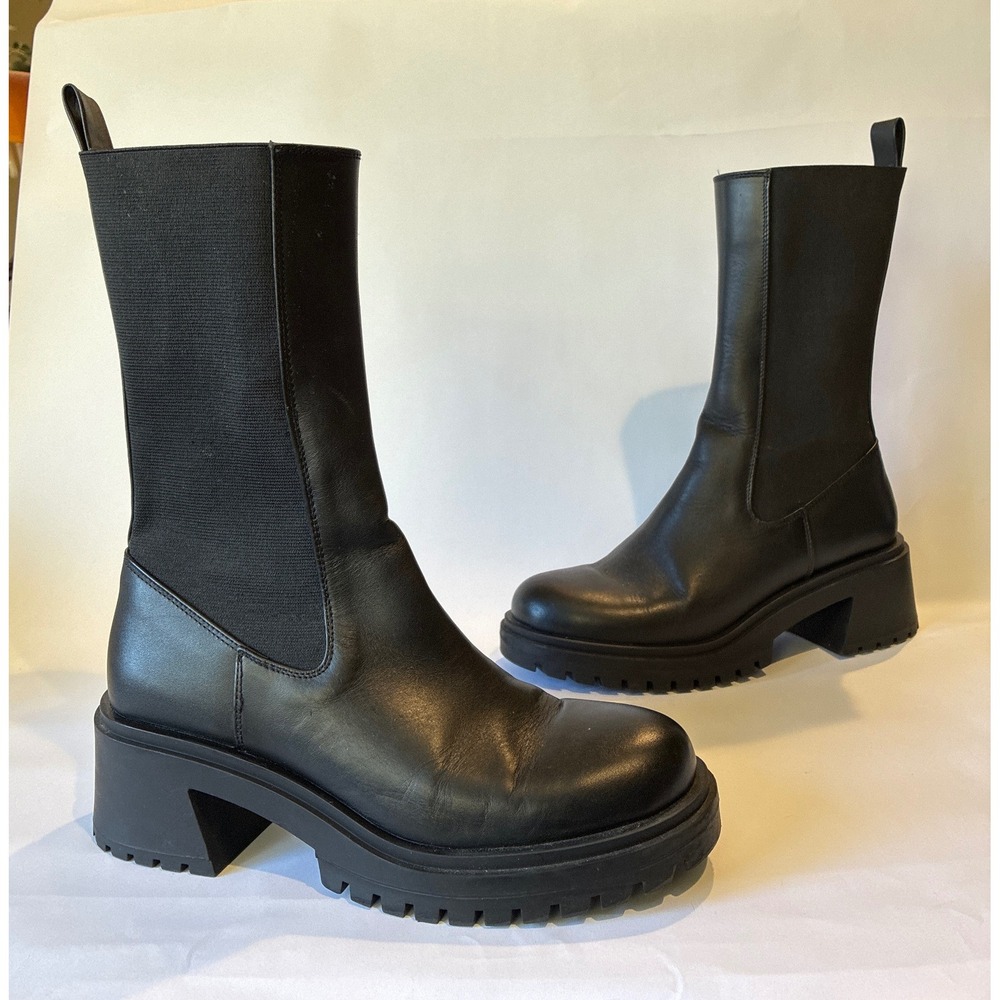 Steve Madden Hesitant Chelsea Boots Womens 9 Black Leather Mid Calf Platform Lug